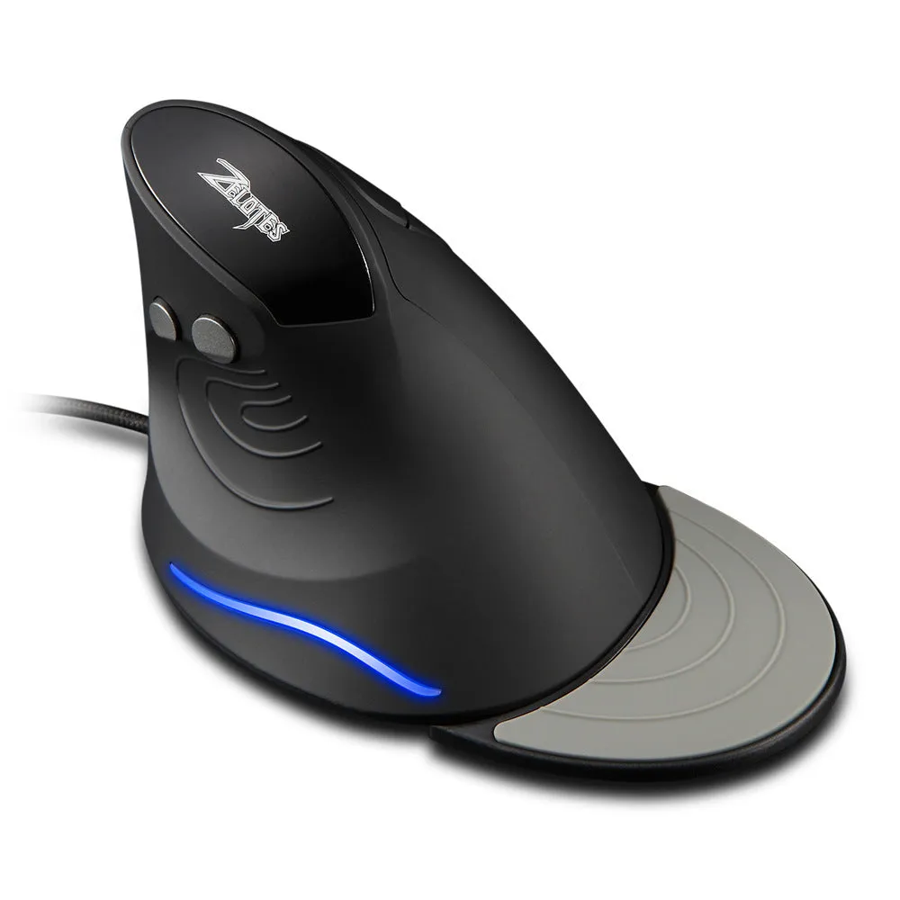 Black wired vertical ergonomic mouse with snail-type shape and 1.8-metre USB cable on a desk