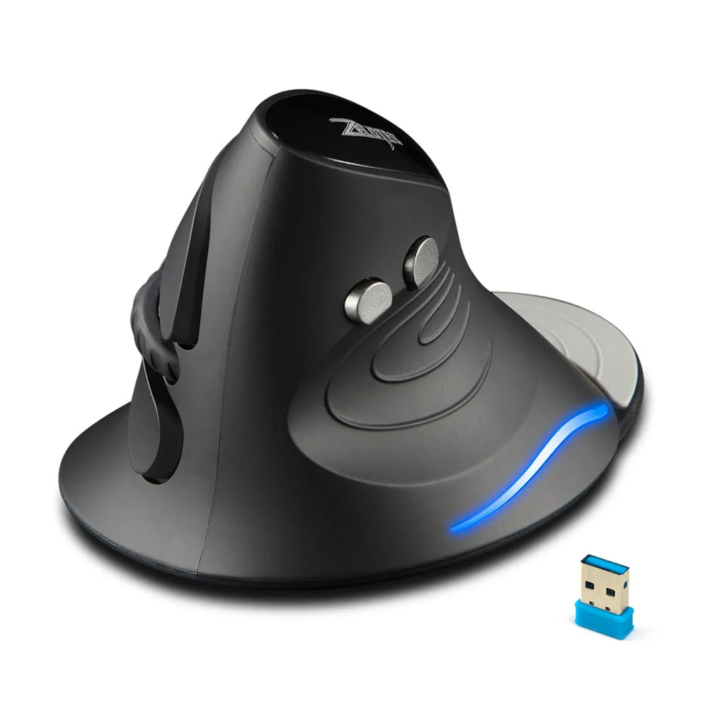 Black wired vertical ergonomic mouse with snail-type shape and 1.8-metre USB cable on a desk