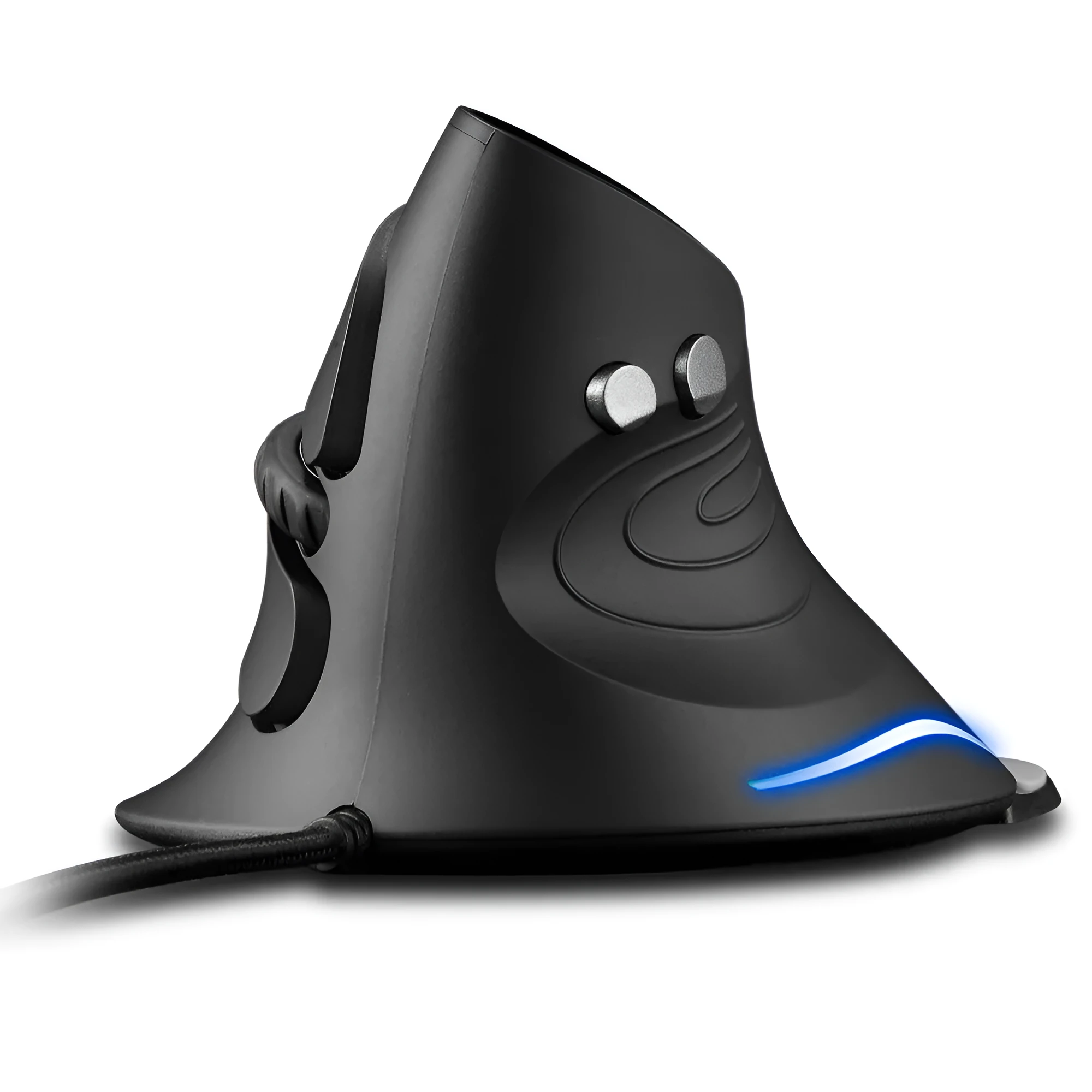 Black wired vertical ergonomic mouse with snail-type shape and 1.8-metre USB cable on a desk