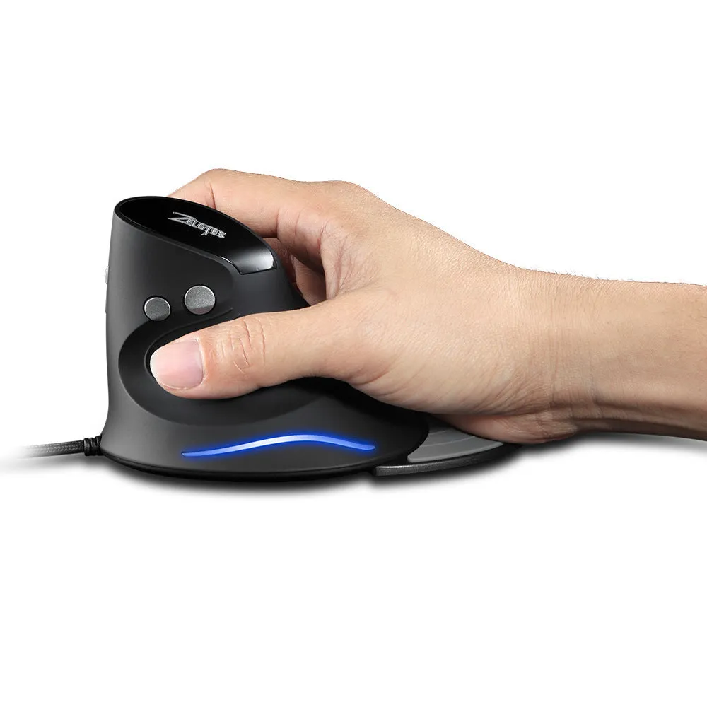 Black wired vertical ergonomic mouse with snail-type shape and 1.8-metre USB cable on a desk