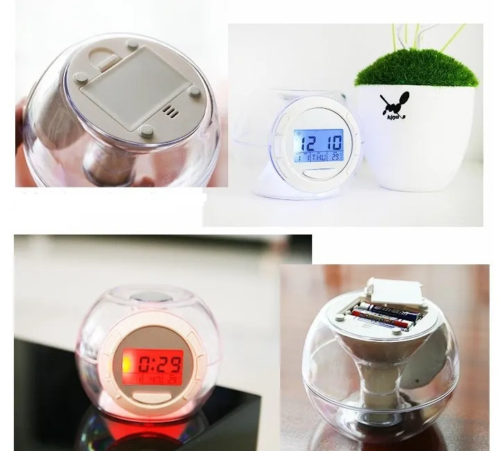 White colourful natural sound alarm clock with large LCD display showing time and temperature, featuring 6 nature sounds and 7 colour cycle night light