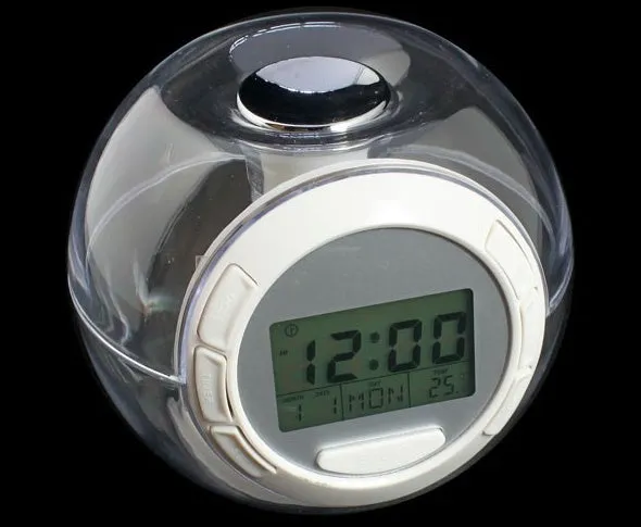 White colourful natural sound alarm clock with large LCD display showing time and temperature, featuring 6 nature sounds and 7 colour cycle night light