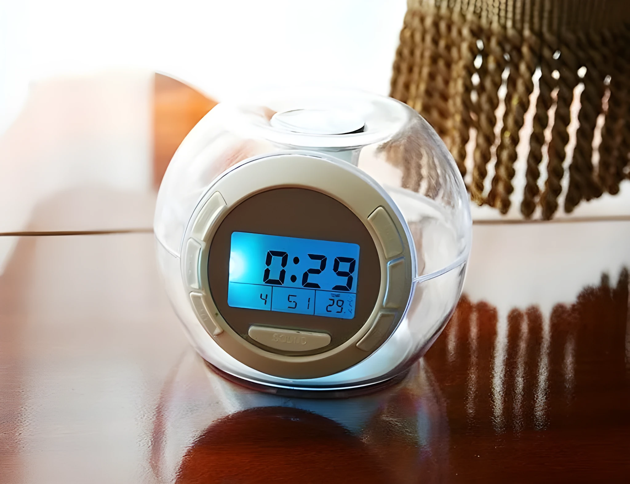 White colourful natural sound alarm clock with large LCD display showing time and temperature, featuring 6 nature sounds and 7 colour cycle night light