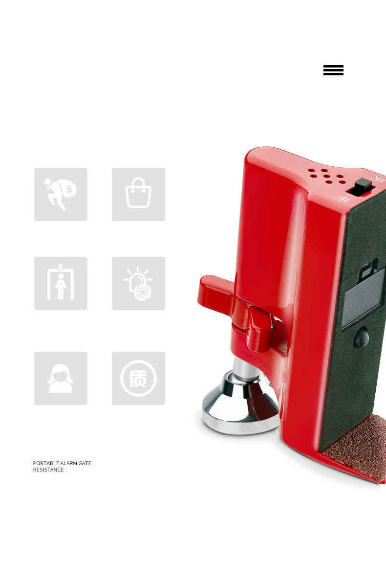 Jiadu Wolf Guard red door stopper alarm with 80dB sound, placed under a door seam for security