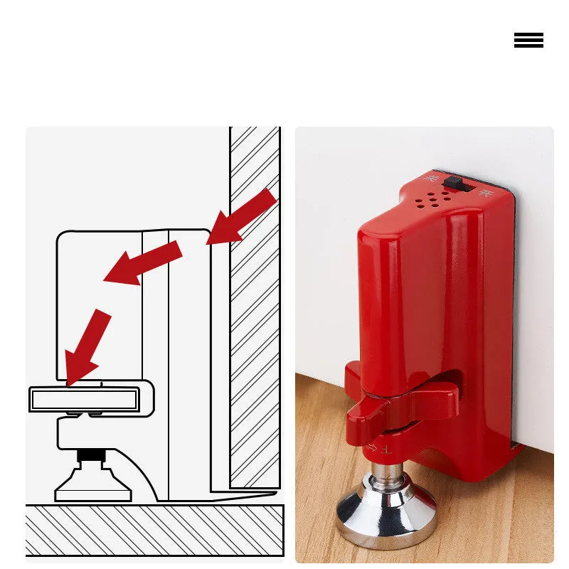 Jiadu Wolf Guard red door stopper alarm with 80dB sound, placed under a door seam for security