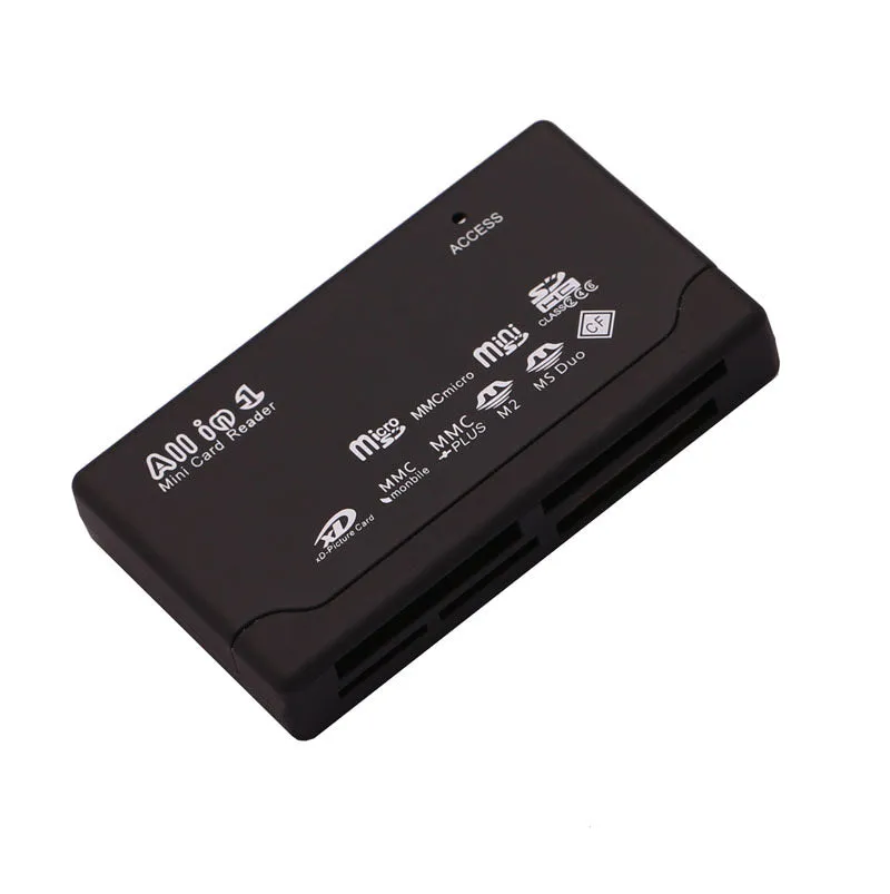 Black multi-function USB 2.0 card reader supporting SD, CF, MMC, and other memory cards