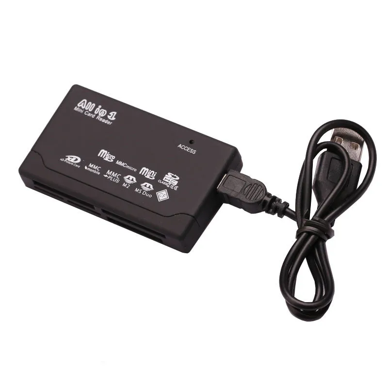Black multi-function USB 2.0 card reader supporting SD, CF, MMC, and other memory cards