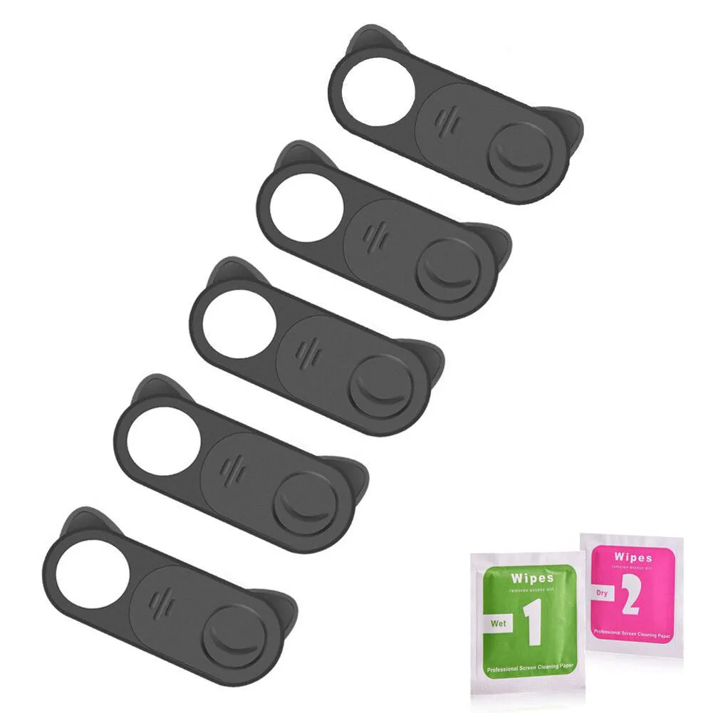 Black plastic sliding webcam privacy cover 18 x 9 mm placed over laptop camera lens