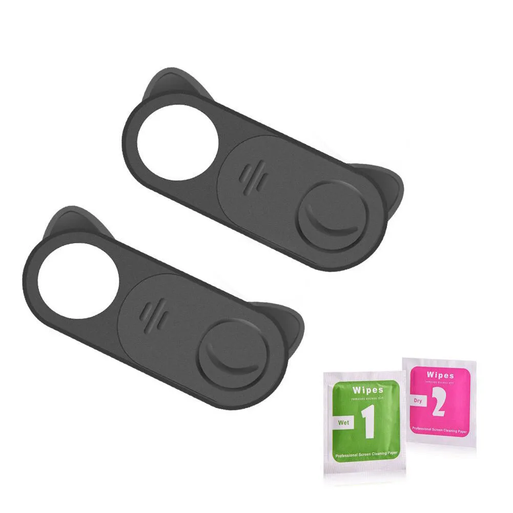 Black plastic sliding webcam privacy cover 18 x 9 mm placed over laptop camera lens