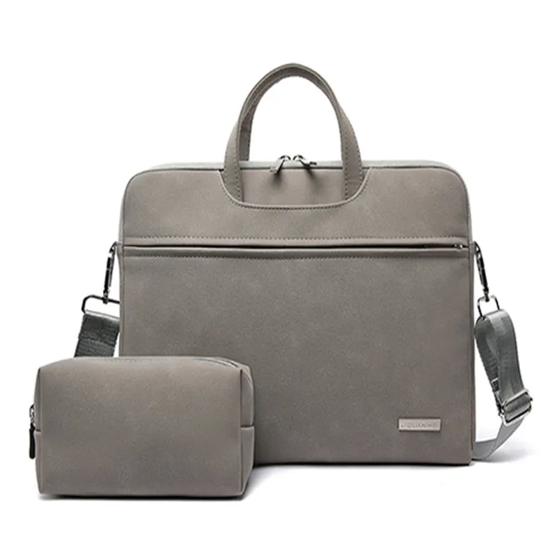 PU leather laptop bag in black with removable shoulder strap, fits 13.3 inch MacBook Air