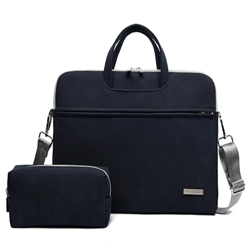PU leather laptop bag in black with removable shoulder strap, fits 13.3 inch MacBook Air