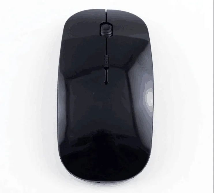 Ultra-thin ergonomic wireless mouse with 2.4GHz USB receiver, black, on white background