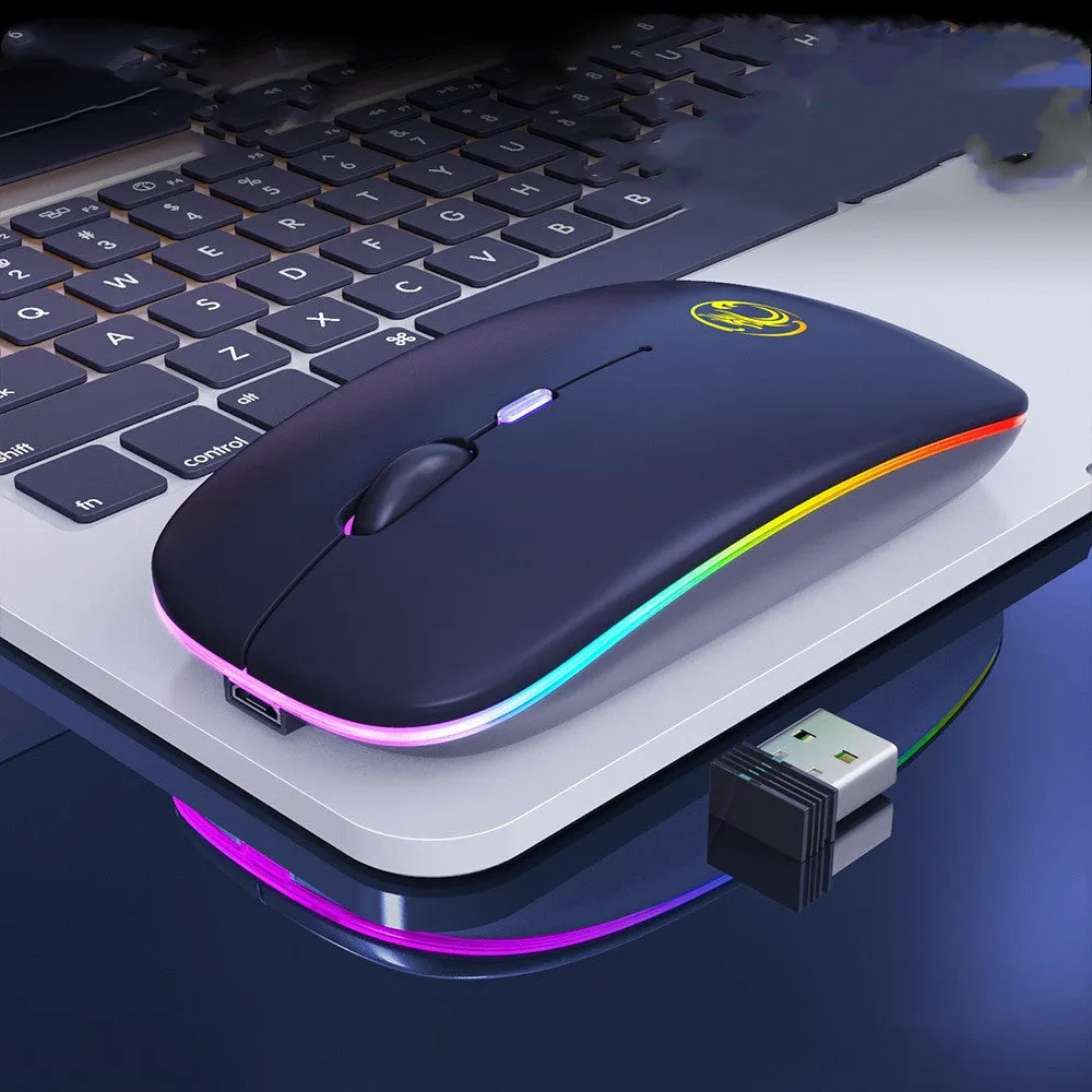 Black and white luminous charging silent wireless mouse on a desk with adjustable DPI and Bluetooth connectivity.