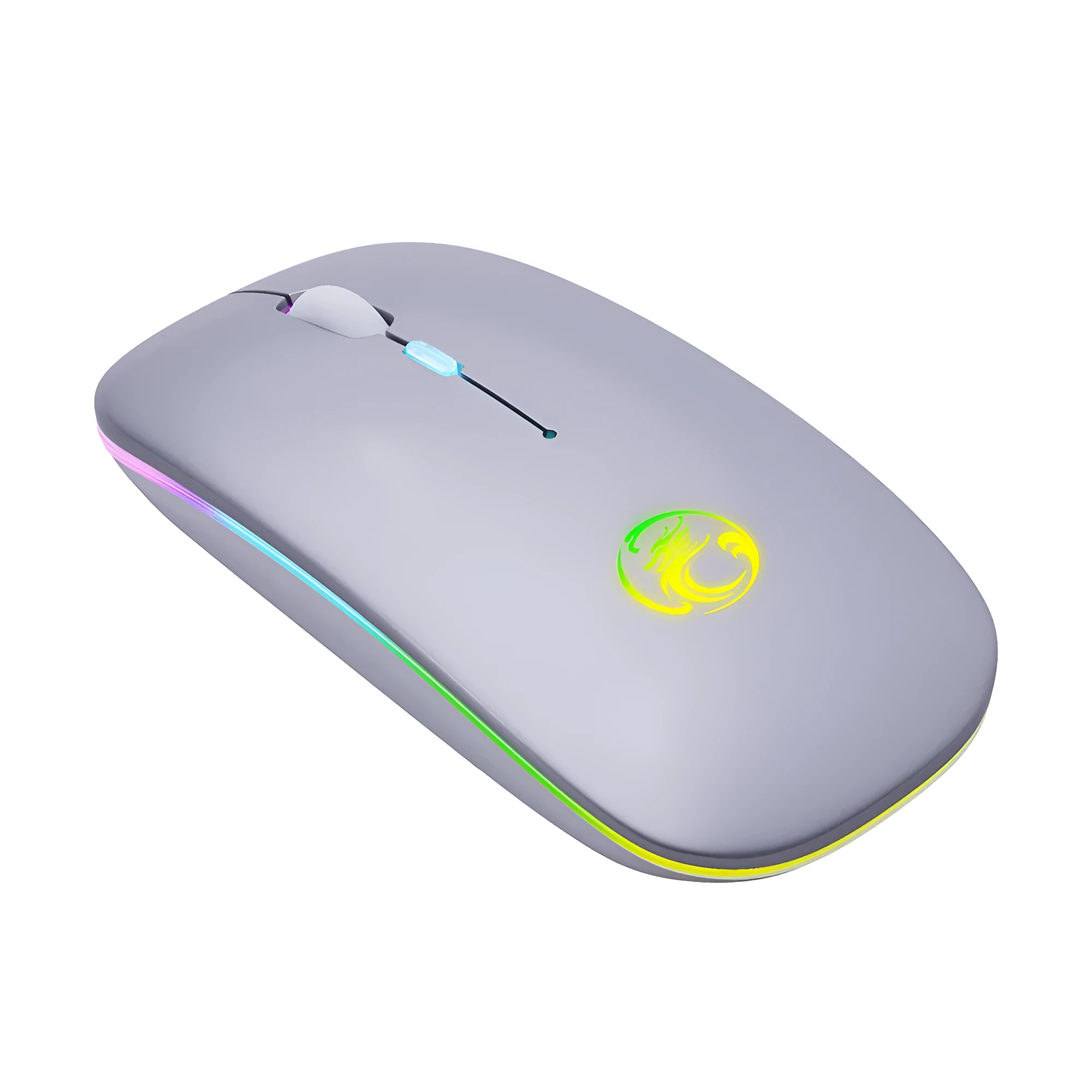 Black and white luminous charging silent wireless mouse on a desk with adjustable DPI and Bluetooth connectivity.