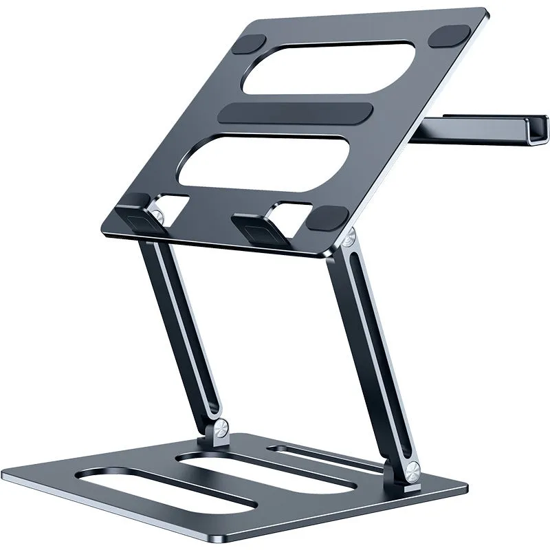 Silver adjustable aluminum laptop stand with laptop on desk at 340mm height