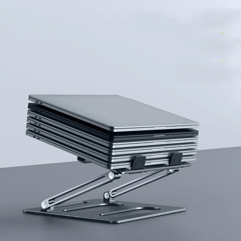 Silver adjustable aluminum laptop stand with laptop on desk at 340mm height