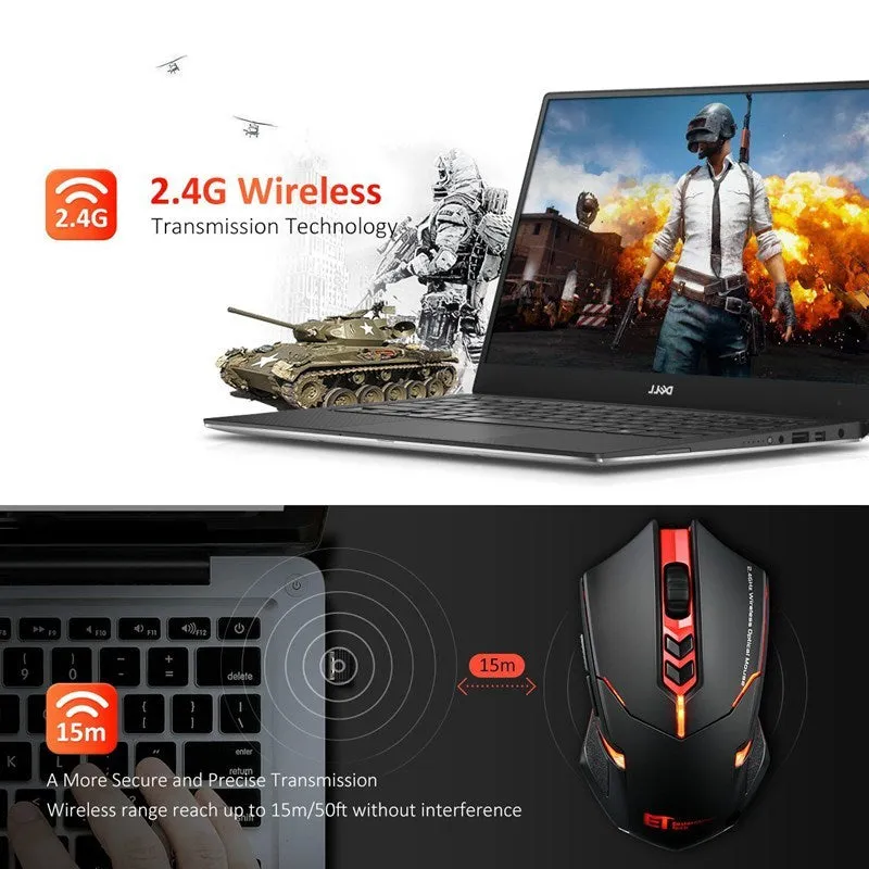 Silent wireless mouse in blue with 7 buttons, adjustable DPI, and power-saving switch