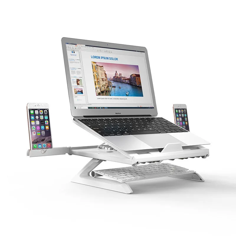 Black folding aluminium laptop stand with 9-level angle adjustment and cooling slot, on a desk with a laptop