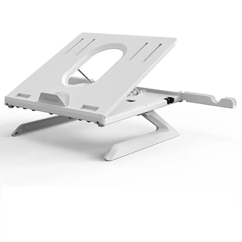 Black folding aluminium laptop stand with 9-level angle adjustment and cooling slot, on a desk with a laptop