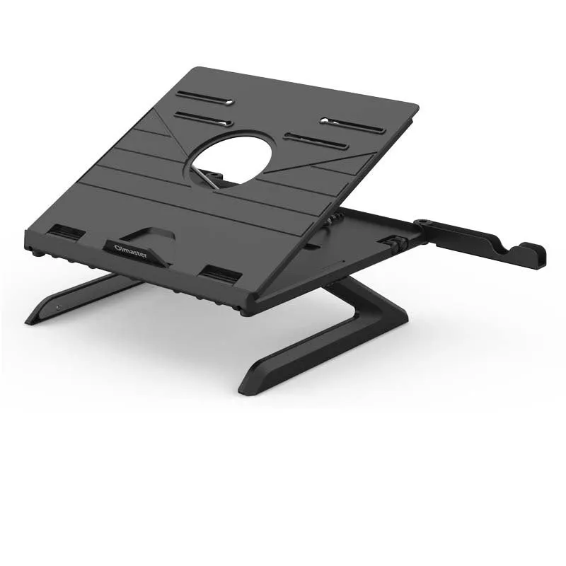 Black folding aluminium laptop stand with 9-level angle adjustment and cooling slot, on a desk with a laptop