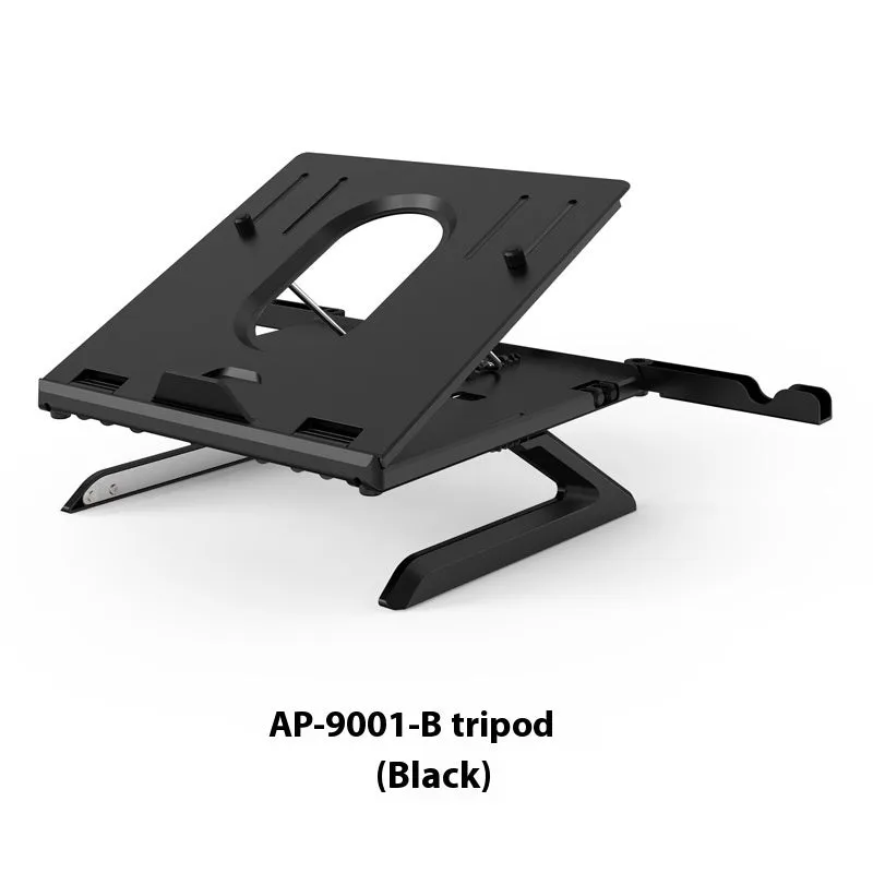 Black folding aluminium laptop stand with 9-level angle adjustment and cooling slot, on a desk with a laptop