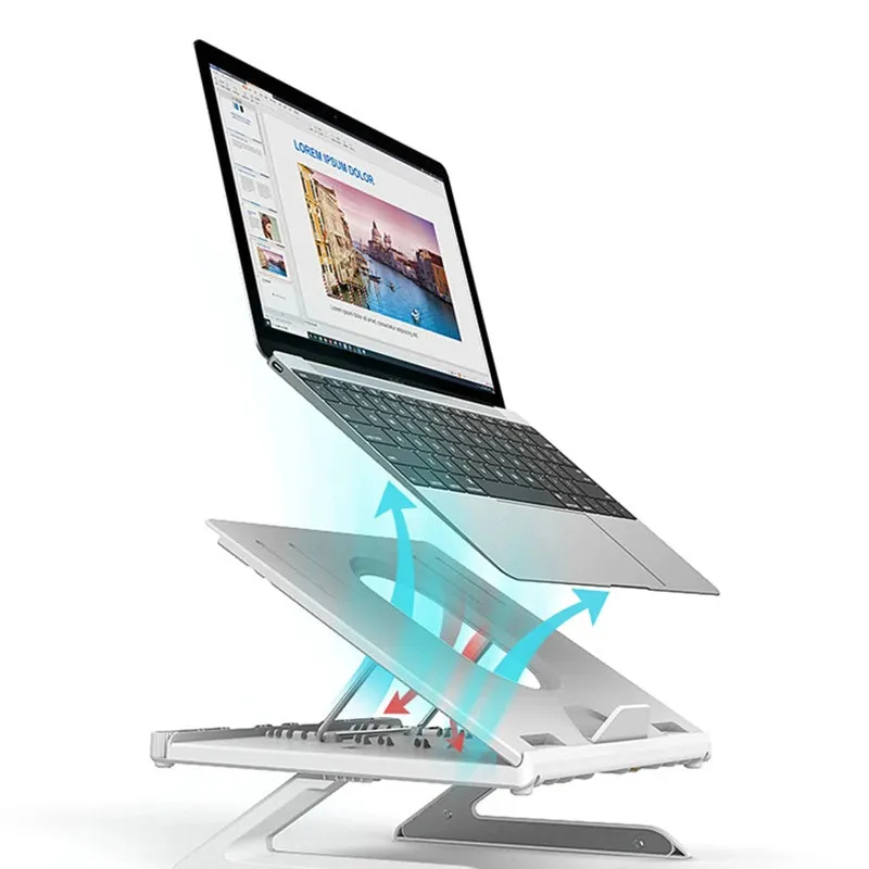 Black folding aluminium laptop stand with 9-level angle adjustment and cooling slot, on a desk with a laptop