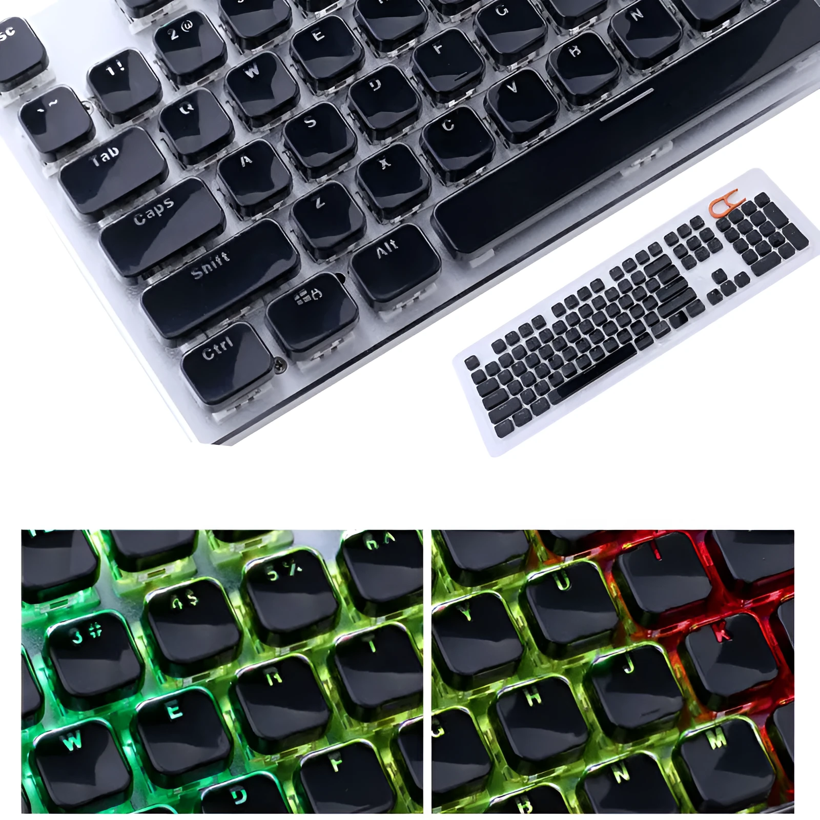 Set of 104 custom two-color mold mechanical keyboard keycaps in crystal finish, black and white variants