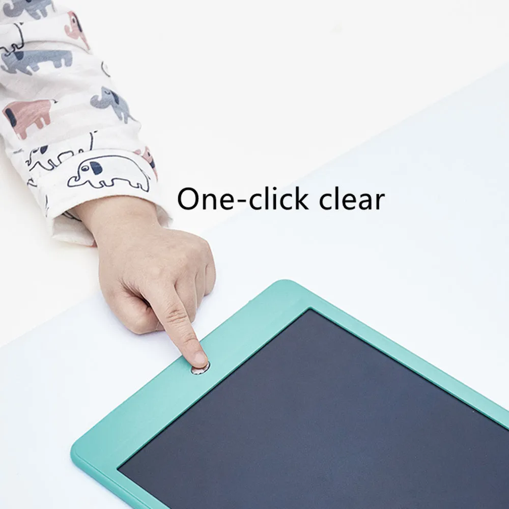 10 Inch Children's LCD Writing tablet with colourful screen, blue bezel, and stylus on white background
