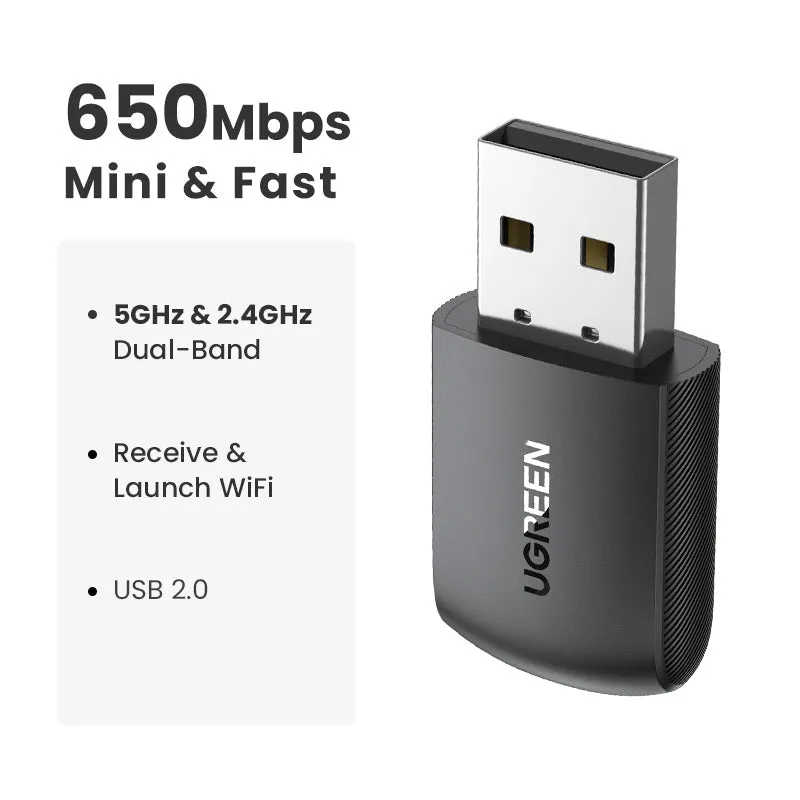 USB wireless network card model CM448 with dual-band 650M, RTL 8811CU chip, in compact white plastic casing