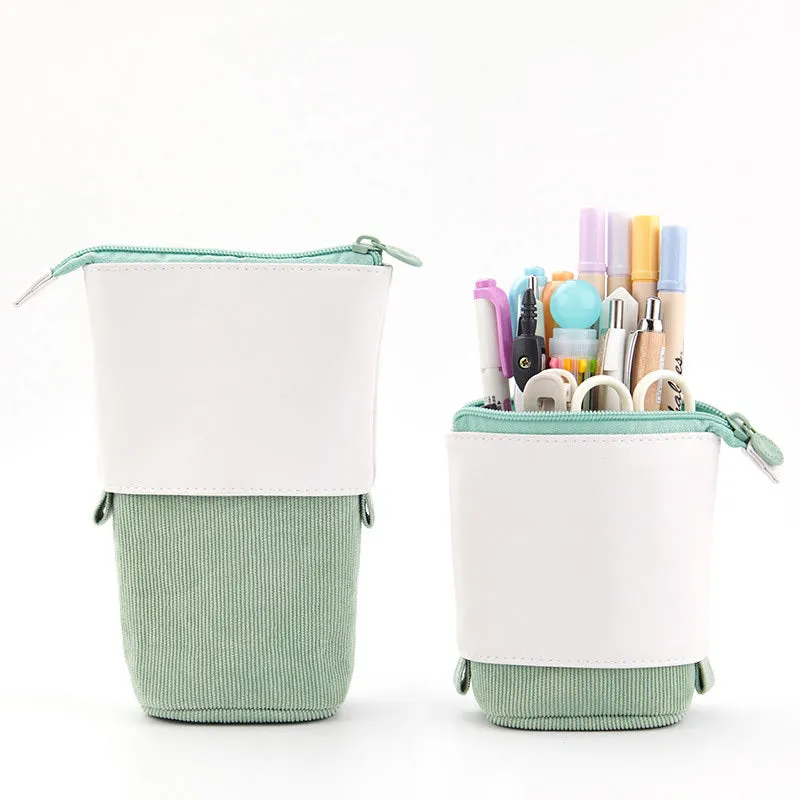 Corduroy retractable pencil case in green with PU leather trim, round shape, plain pattern