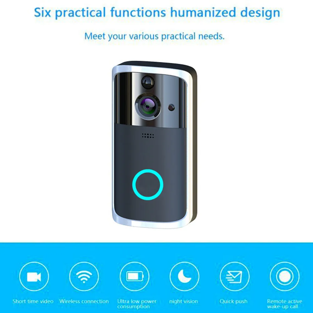 WiFi video doorbell camera in black with two-way intercom and night vision, compact PCB body 7.5x3.3x14.4cm