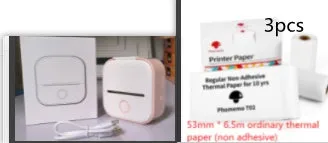 Phomemo T02 mini thermal label printer in white, showing front view with roll of sticky paper