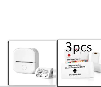Phomemo T02 mini thermal label printer in white, showing front view with roll of sticky paper