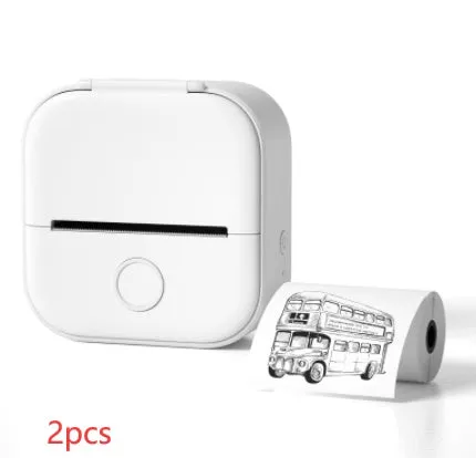Phomemo T02 mini thermal label printer in white, showing front view with roll of sticky paper