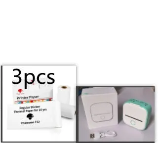 Phomemo T02 mini thermal label printer in white, showing front view with roll of sticky paper