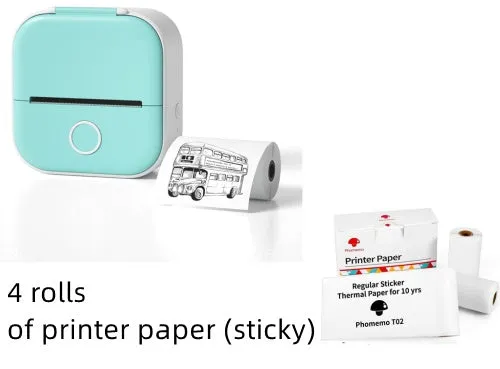 Phomemo T02 mini thermal label printer in white, showing front view with roll of sticky paper