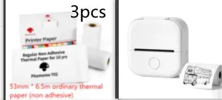 Phomemo T02 mini thermal label printer in white, showing front view with roll of sticky paper