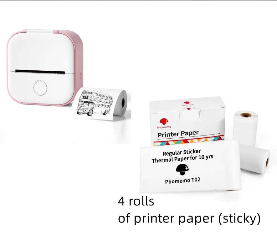 Phomemo T02 mini thermal label printer in white, showing front view with roll of sticky paper
