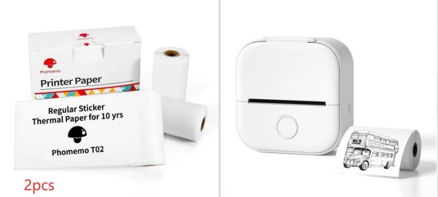Phomemo T02 mini thermal label printer in white, showing front view with roll of sticky paper