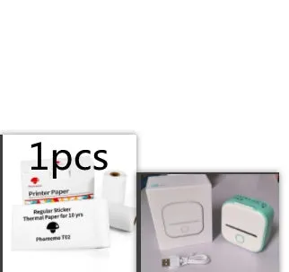Phomemo T02 mini thermal label printer in white, showing front view with roll of sticky paper
