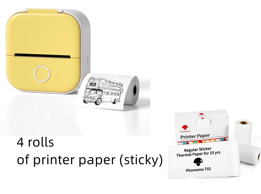 Phomemo T02 mini thermal label printer in white, showing front view with roll of sticky paper