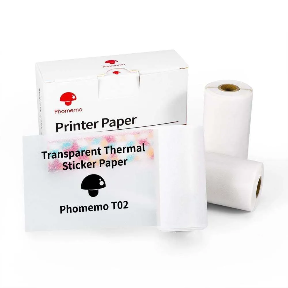 Phomemo T02 mini thermal label printer in white, showing front view with roll of sticky paper