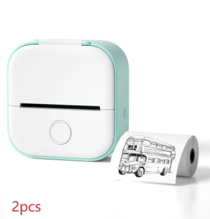 Phomemo T02 mini thermal label printer in white, showing front view with roll of sticky paper
