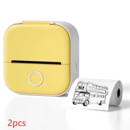 Phomemo T02 mini thermal label printer in white, showing front view with roll of sticky paper