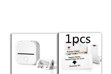 Phomemo T02 mini thermal label printer in white, showing front view with roll of sticky paper