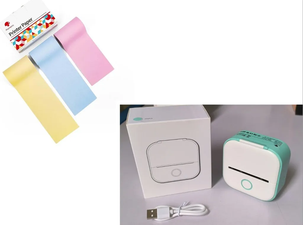 Phomemo T02 mini thermal label printer in white, showing front view with roll of sticky paper
