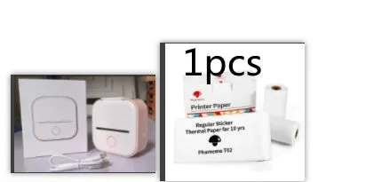 Phomemo T02 mini thermal label printer in white, showing front view with roll of sticky paper