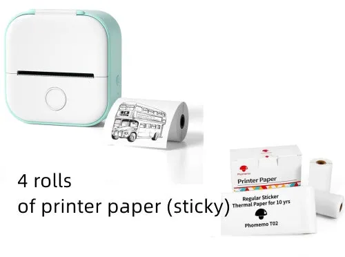 Phomemo T02 mini thermal label printer in white, showing front view with roll of sticky paper