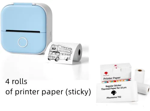 Phomemo T02 mini thermal label printer in white, showing front view with roll of sticky paper
