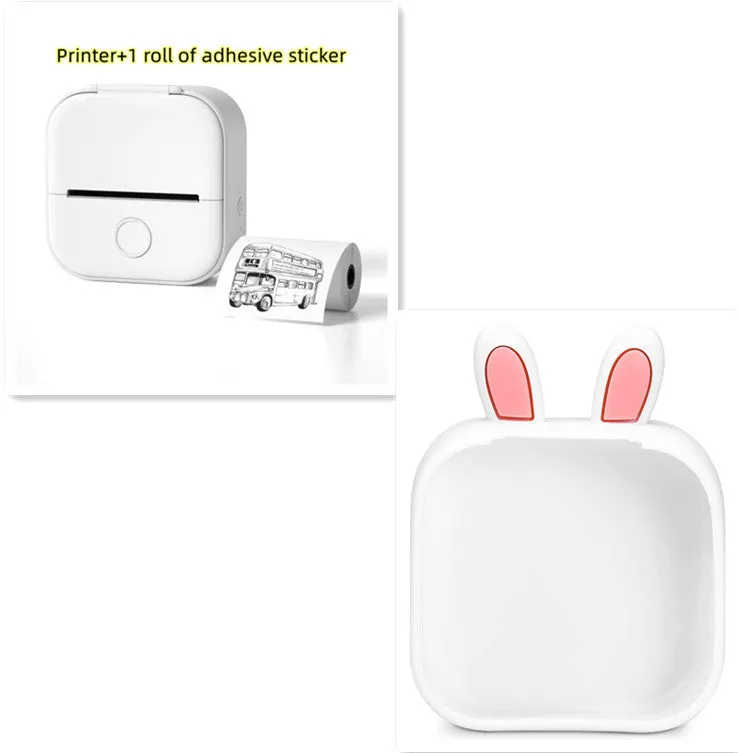 Phomemo T02 mini thermal label printer in white, showing front view with roll of sticky paper